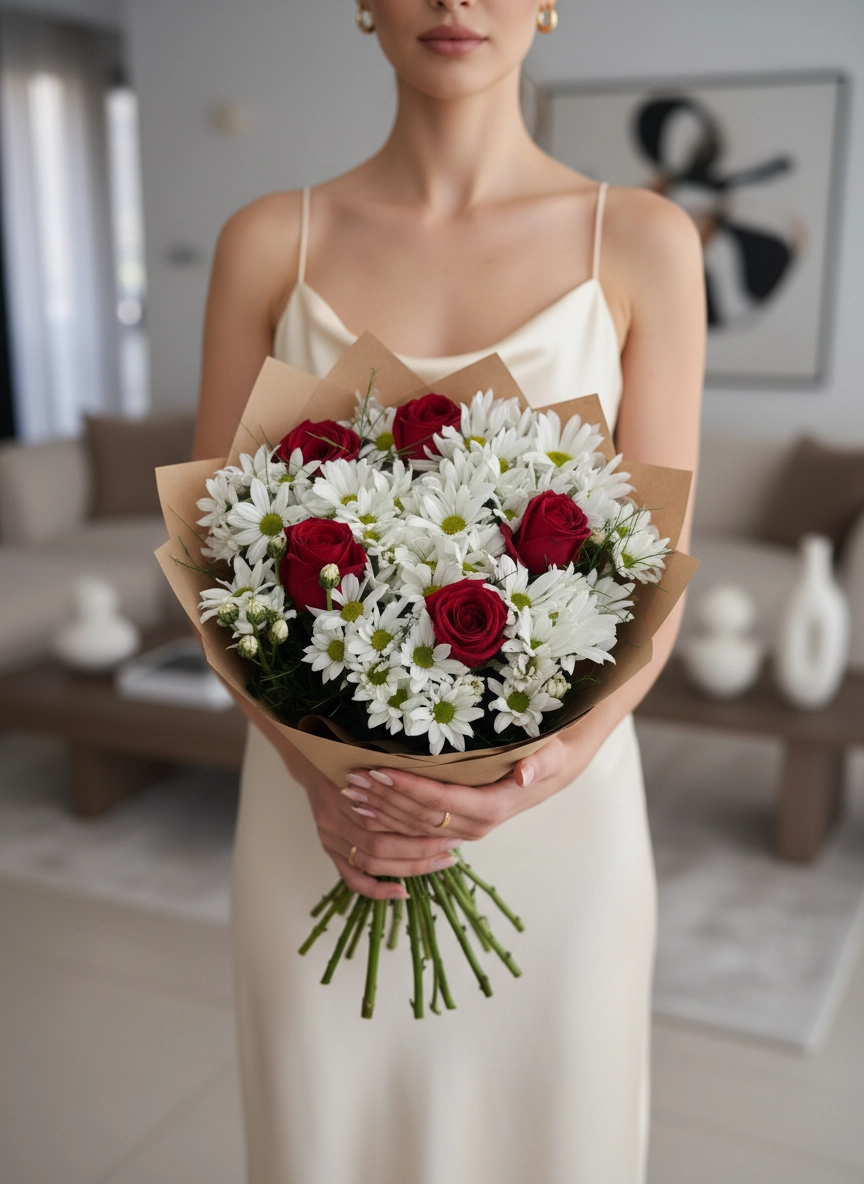 Beyaz Papatya Kırmızı Gül Buketi