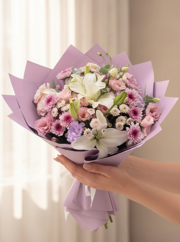 Lila Kağıtta Lilyum Ve Pembe Çiçekler